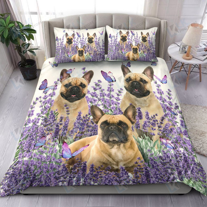 FRENCH BULLDOG Bedding Set Purple Flower [ID3-D] | Duvet cover, 2 Pillow Shams, Comforter, Bed Sheet
