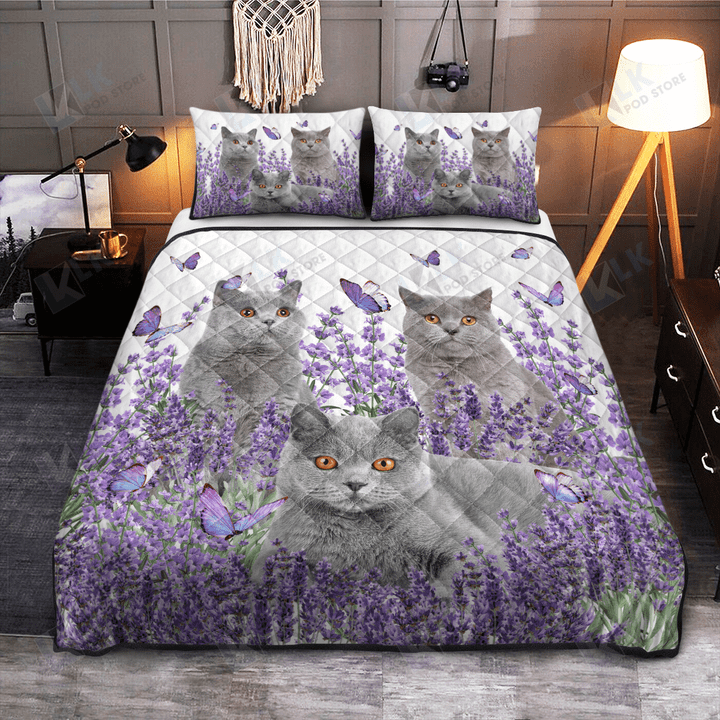 British Shorthair Quilt Bedding Set Purple Flower [ID3-T] | Quilt, 2 Pillow covers, Comforter, Bed Sheet Set, Cat lover Gift