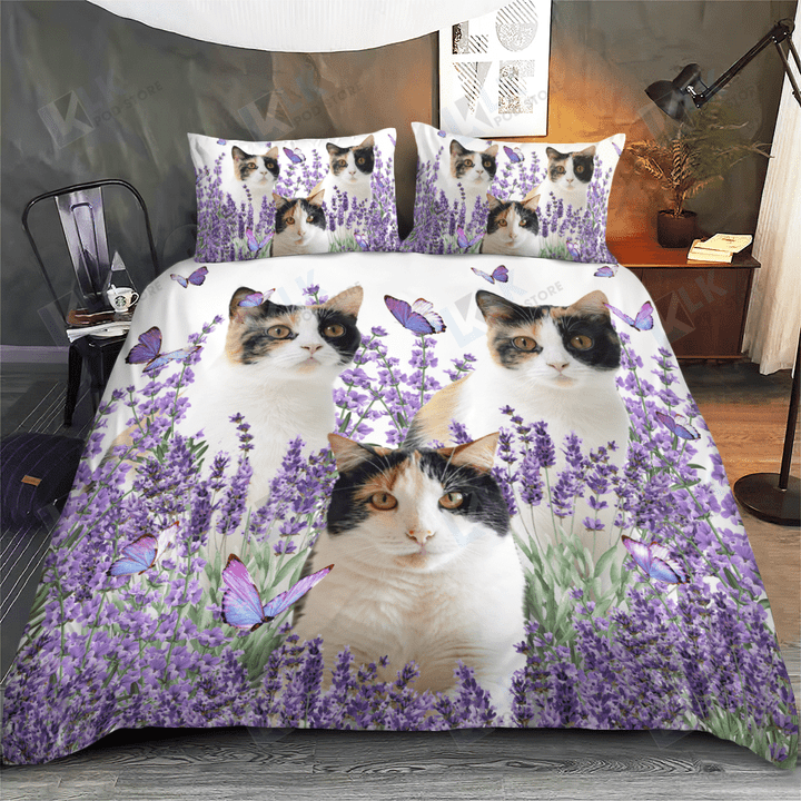 Calico cat Bedding Set Purple Flower | Duvet cover, 2 Pillow Shams, Pet Lovers, Calico cat Gift