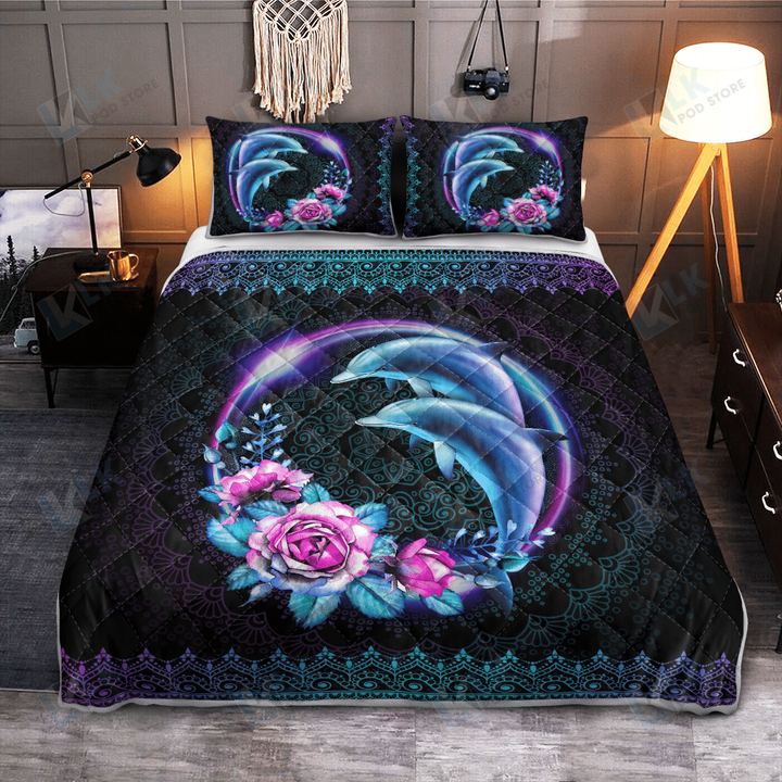 DOLPHIN Quilt Bedding Set Rainbow Love | Quilt, 2 Pillow covers, Comforter, Bed Sheet Set, Dolphin lover Gift, Dolphin Bedspread
