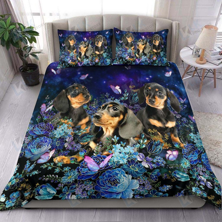 DACHSHUND Bedding Set Blue Main Floral [ID3-T] | Duvet cover, 2 Pillow Shams, Comforter, Bed Sheet
