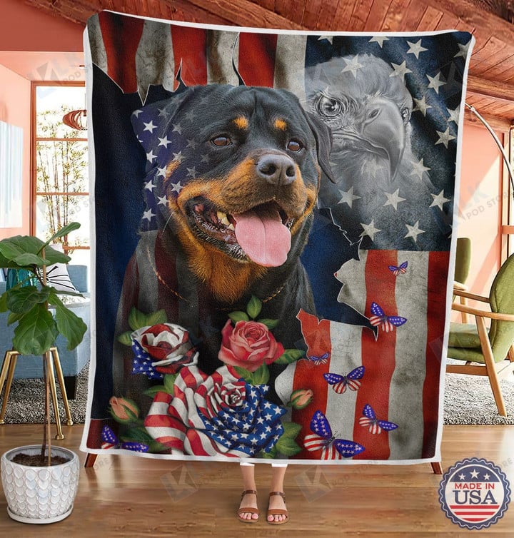 ROTTWEILER Blanket Flower Proud American [ID3-N] | | Gifts Dog Cat Lovers, Sherpa Fleece Blanket Throw, Home & Living