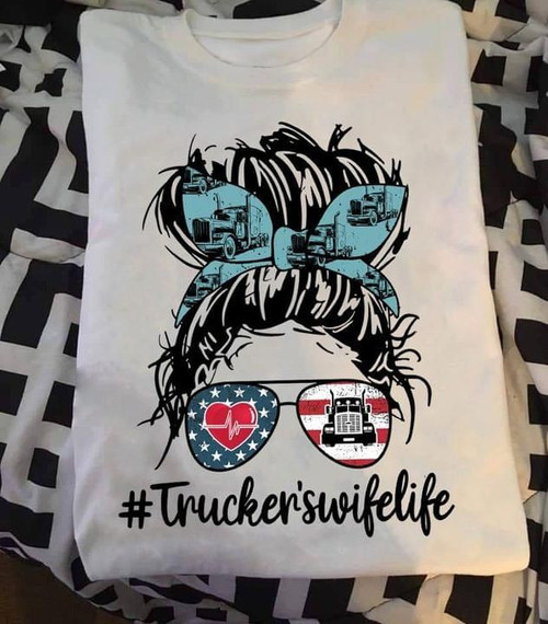 #truckerwifelife us flag heartbeat sunglasses hair tie truck t shirt gift for truckers wife Tshirt