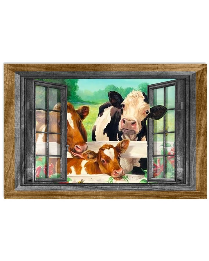Cow Family On The Farm Window Design Poster Canvas Living Room Decor Gift For Farmer