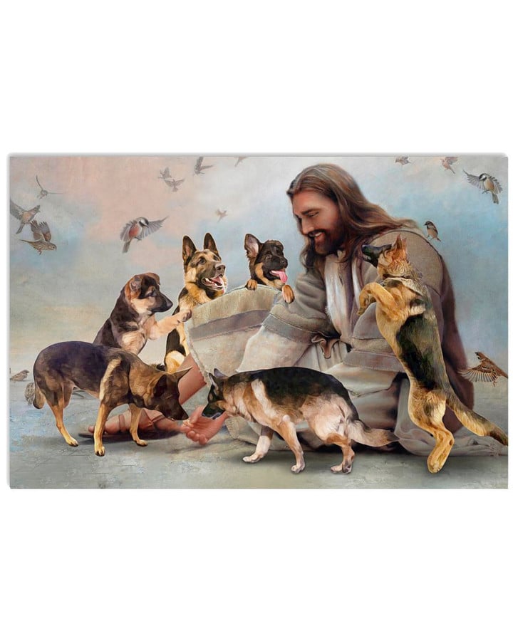 Jesus Sit With German Shepherds And Birds Poster Canvas Decor Gift For Jesus Believers