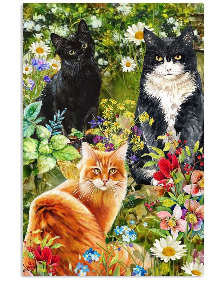 Cats In The Flower Garden Designed Vertical Design Poster Canvas Gift For Cat Lovers