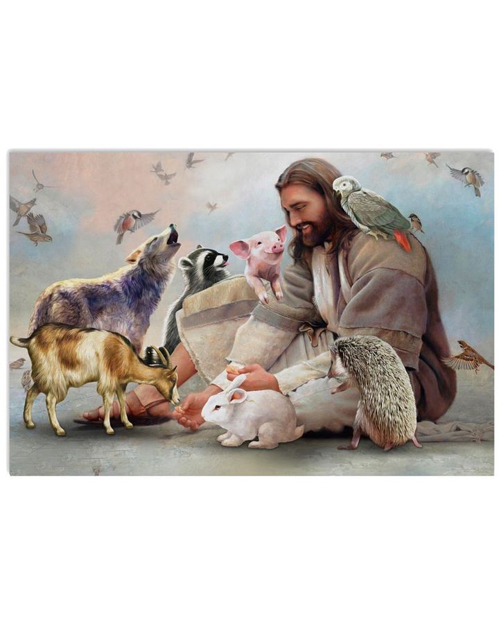 Jesus Sit With Wild Animals Horizontal Design Poster Canvas Gift For Jesus Believers