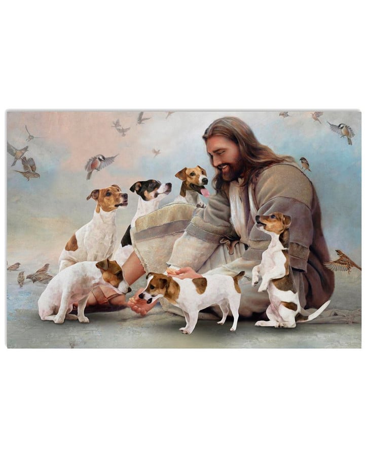 Jesus Sit With Jack Rusells And Birds Horozontial Poster Canvas Gift For Jesus Believers