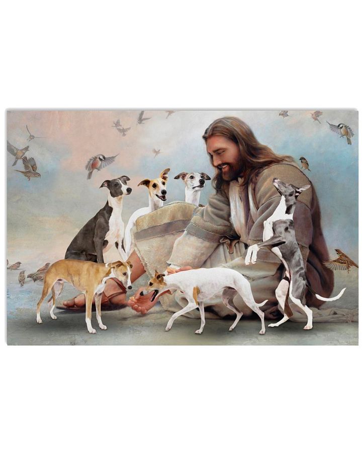 Jesus Sit With Whippets And Birds Horizontal Design Poster Canvas Gift For Jesus Believers