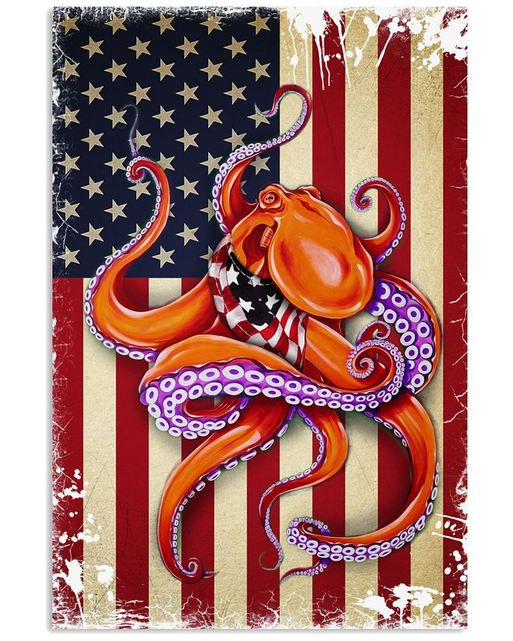Octopus Wear Us Flag Scarf With Big Us Flag Designed Poster Canvas Gift For Independence Day 4Th July