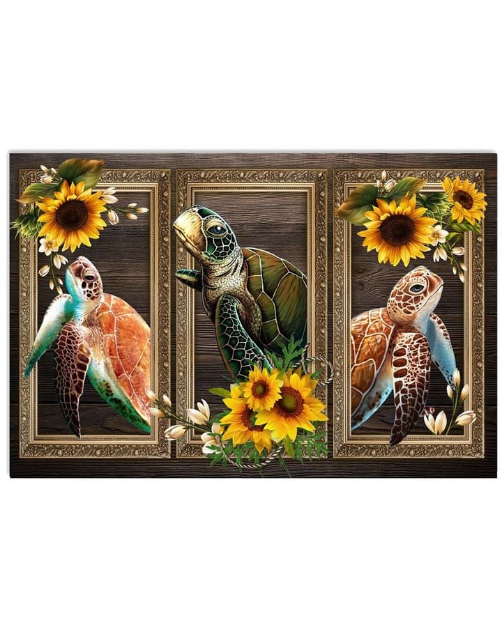 Turtles With Sunflowers Window Wood Design Poster Canvas Gift For Hippie And Turtle Lovers