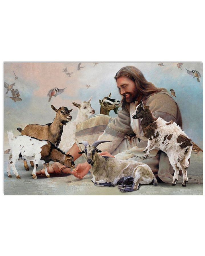 Jesus Sit With Goats And Birds Horozontial Poster Canvas Gift For Jesus Believers