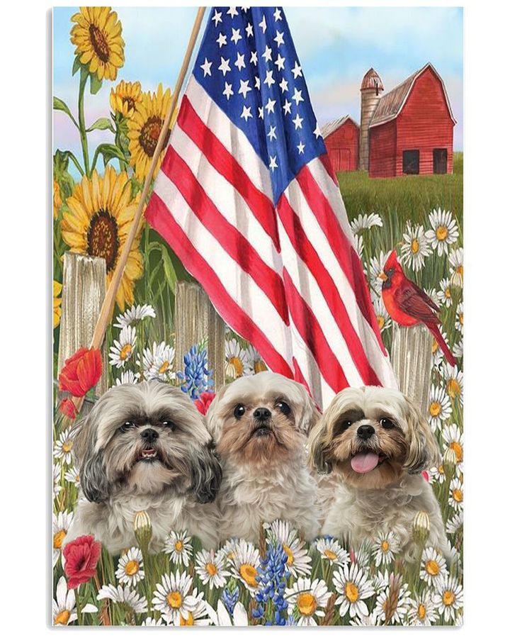 Shih Tzu In Daisy Flowers Garden Us Flag Picture Poster Canvas Gift For Shih Tzu Lovers