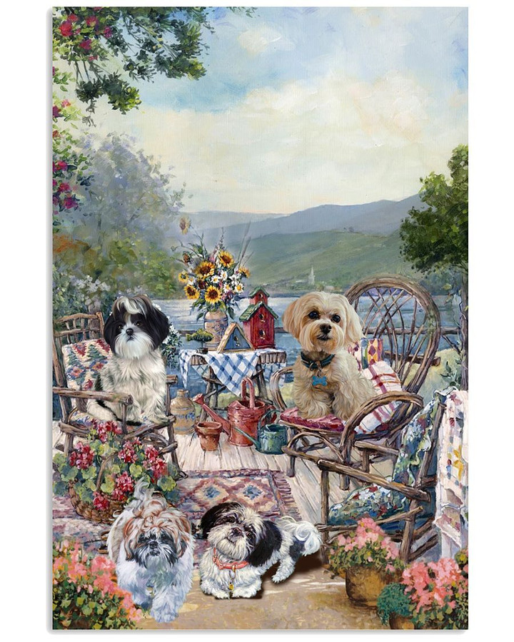 Shih Tzu Family In Beautiful Lake And Mountain Picture Poster Canvas Gift For Dogs Lovers