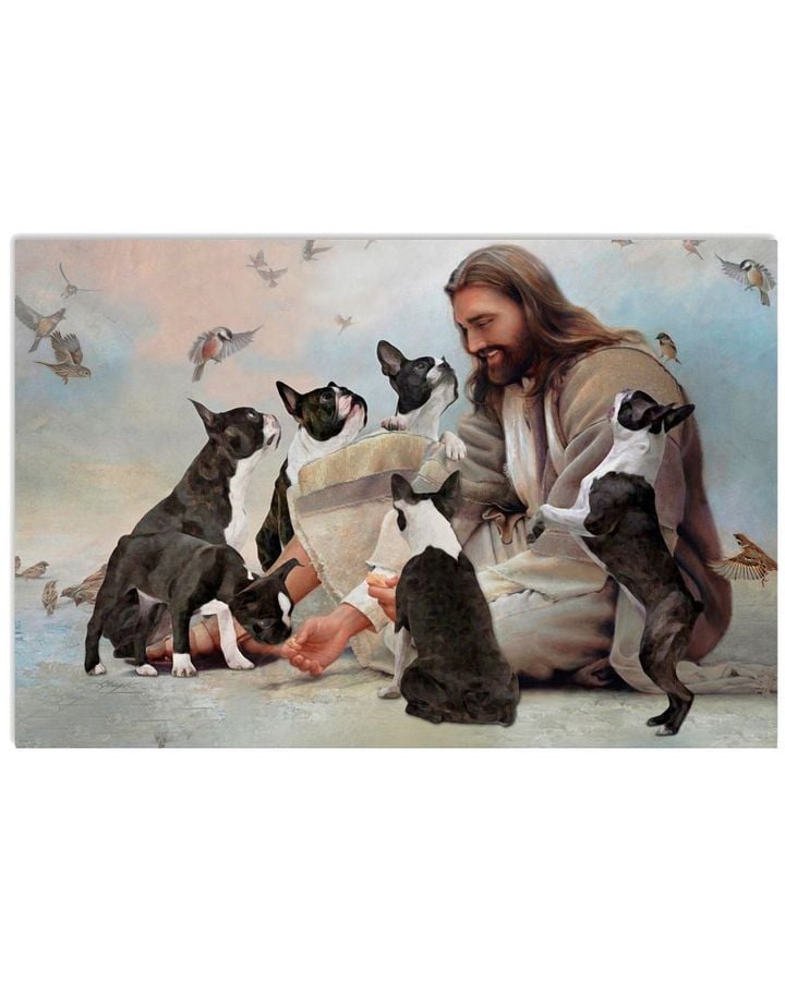 Jesus Surrounded By Boston Terriers And Birds Horizontal Design Poster Canvas Gift For Jesus Believers