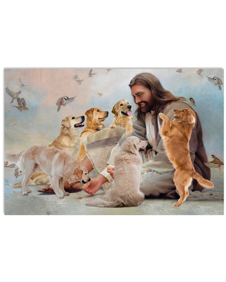 Jesus Surrounded By Golden Retriever And Birds Poster Canvas Gift For Jesus Believers