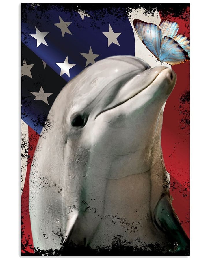 Dolphins And Butterfly With Big Us Flag Poster Canvas Gift For Independence Day 4Th July