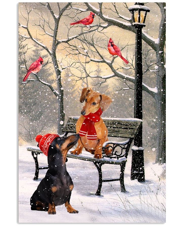 Couple Dachshund And Cardinals Winter Theme Poster Canvas Christmas Gift For Dog Lovers