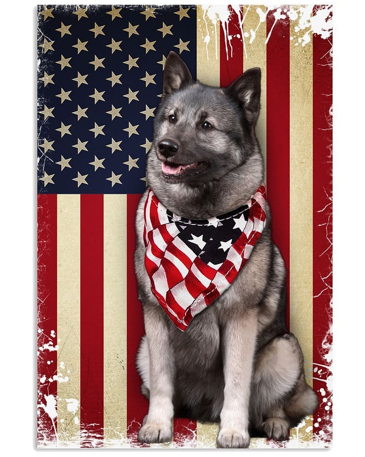 Norwegian Elkhound Wear Us Flag Scarf With Us Flag Under Poster Canvas Gift For Independence Day