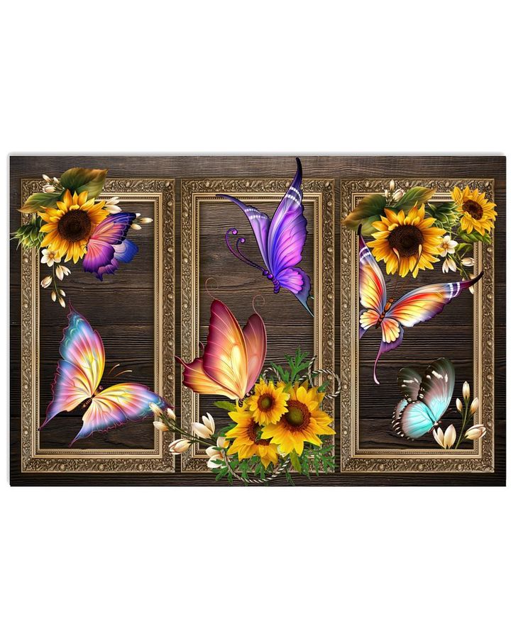 Butterflies And Sunflower Wood Window Design Poster Canvas Gift For Hippie And Butterfly Lovers