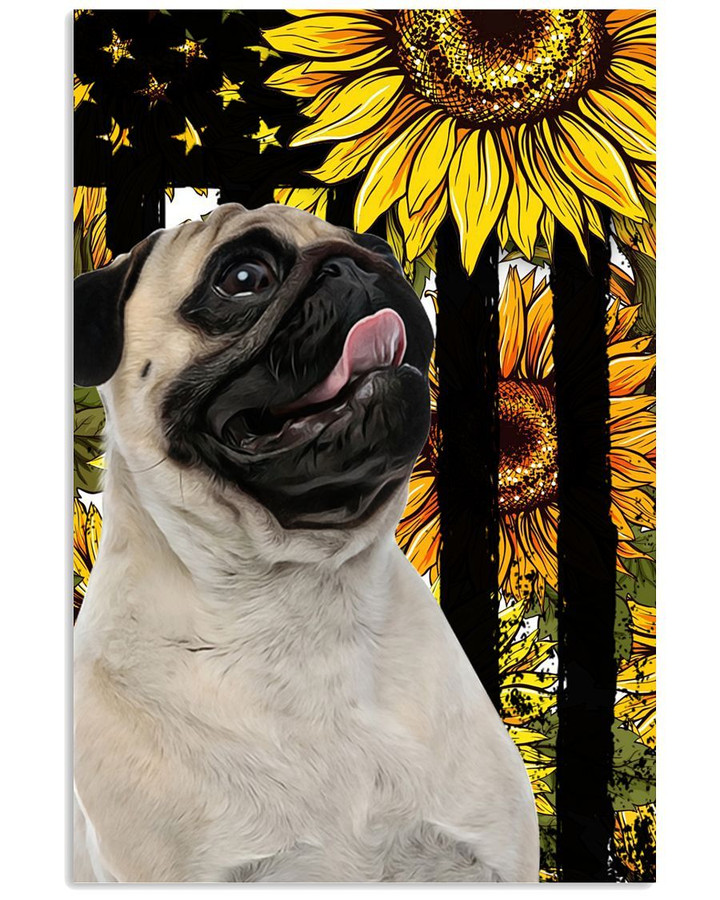 Cute Pug With Sunflowers Black Us Flag Poster Canvas Gift For Independence Day 4Th July