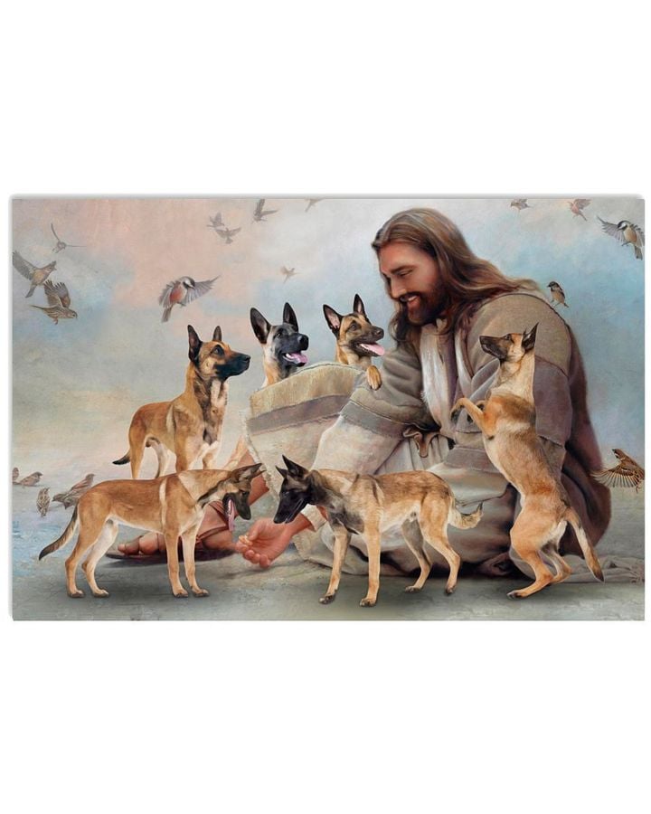 Jesus Sit With Malinois And Birds Horizontal Design Poster Canvas Gift For Jesus Believers