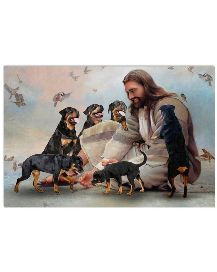 Jesus Surrounded By Rottweilers And Birds Horizontal Poster Canvas Gift For Jesus Believers