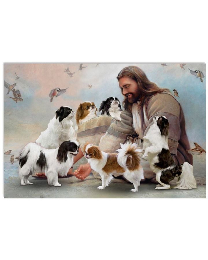 Jesus Sit With Japanese Chin And Birds Horozontial Poster Canvas Gift For Jesus Believers