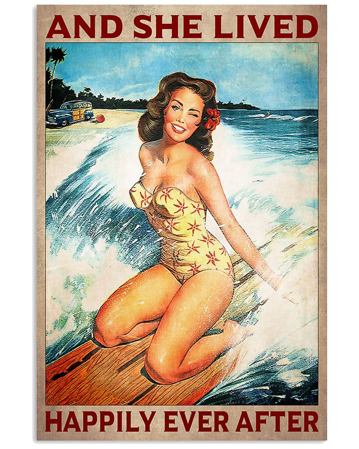 And She Lived Happily Ever After Surfing On The Beach Vintage Poster Canvas Gift For Surfing Lovers Ocean Lovers
