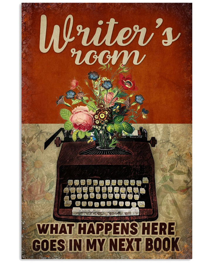 What Happens Here Goes In My Next Book Personalized Flower Typewriter Vintage Poster Canvas Gift For Writer's Room With Custom Name