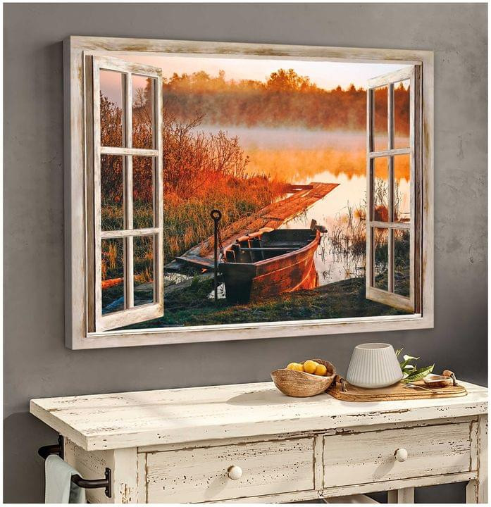 Gorgeous Sunrise Lake Boat Through Rustic Wood Window Home Decor Vintage Poster Canvas Gift For Loved One