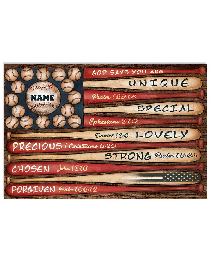 God Says You Are Unique Special Strong Personalized Baseball Bat Softball US Flag poster gift with custom name for Baseball Players