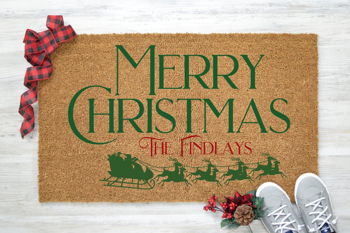 Merry Christmas Christmas Sleigh Reindeer Adventure Personalized Doormat Gift with Custom Name For Christmas Holiday Lovers Winter Decor