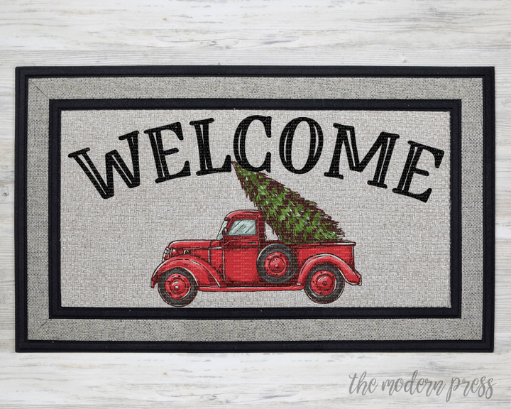 Welcome Truck And Christmas Tree Doormat Gift For Christmas Holiday Lovers Home Winter Decor