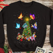 Colorful Butterfly Around Amazing Twinkle Christmas Tree Lights Under Snowing Tshirt Gift For Friends