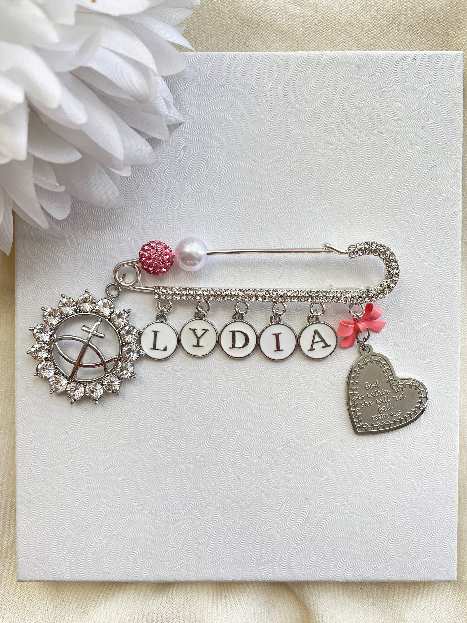 Custom Silver & Rhinestone Pin with 5-Letter Name in Silver Letters, Accents, and Bible Charms, Baby and Celebration Gift - Blue or Pink