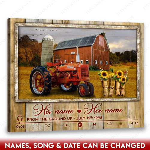 A red tractor in farmhouse & sunflower personalized farmers truck anniversary poster gift for couple with custom names song & date Poster