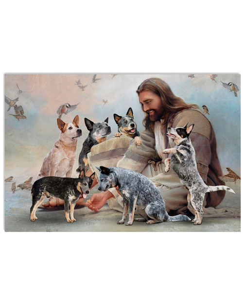 Jesus Sit With Heeler And Birds Horizontal Design Poster Canvas Gift For Jesus Believers Poster