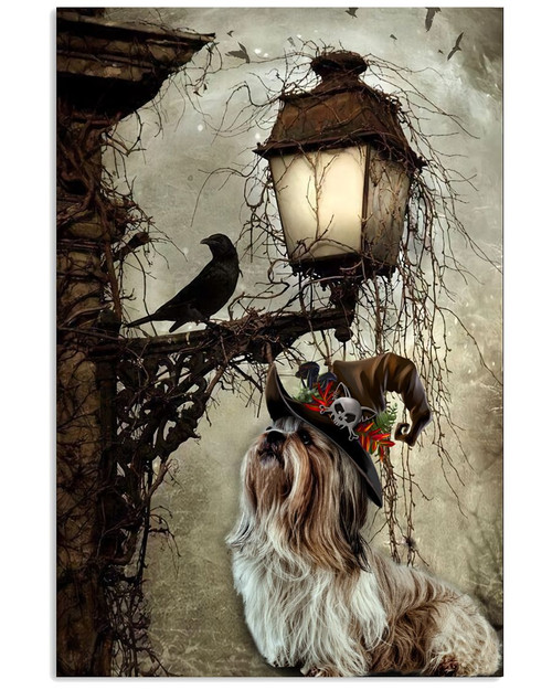 a crow perched on a lamp a dog wearing a witch hat halloween shih tzu poster canvas best gift for halloween lovers Poster