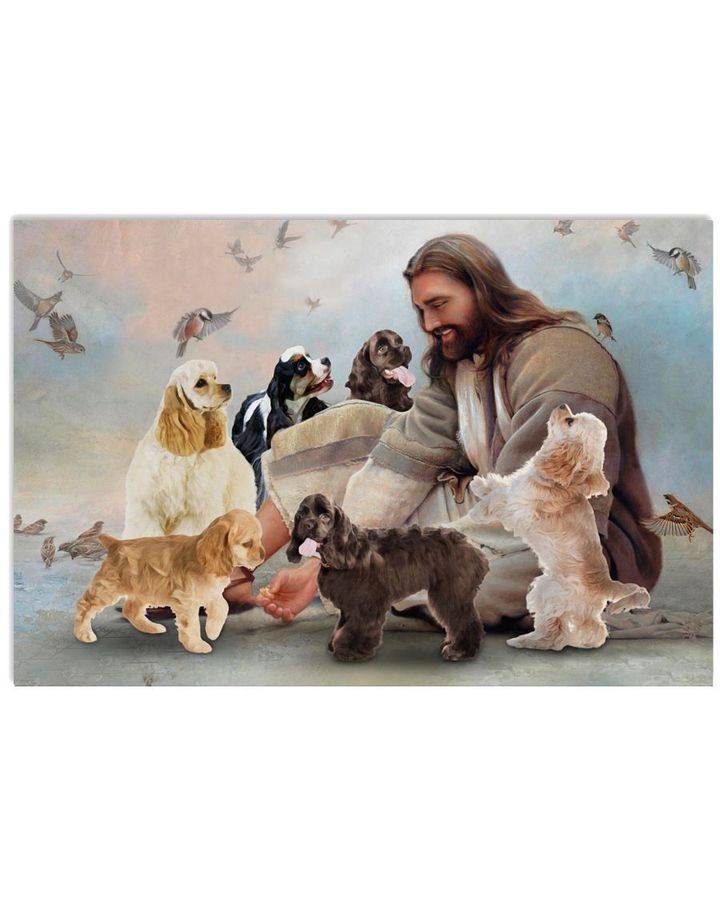 Jesus Sit With Cocker Spaniel And Birds Horozontial Poster Canvas Gift For Jesus Believers