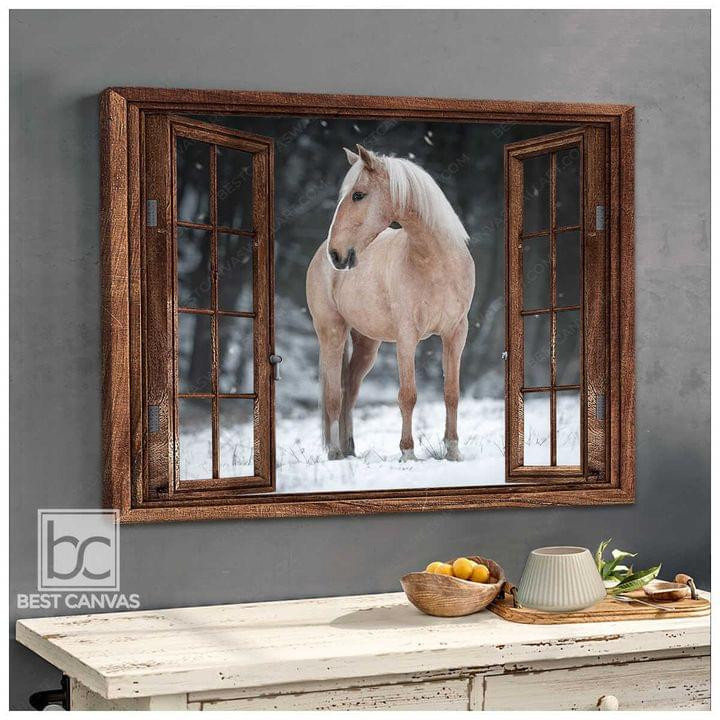Beautiful White Horse In Winter Season By A Window Horizontal Poster Gift For Horses Lovers Horses Moms