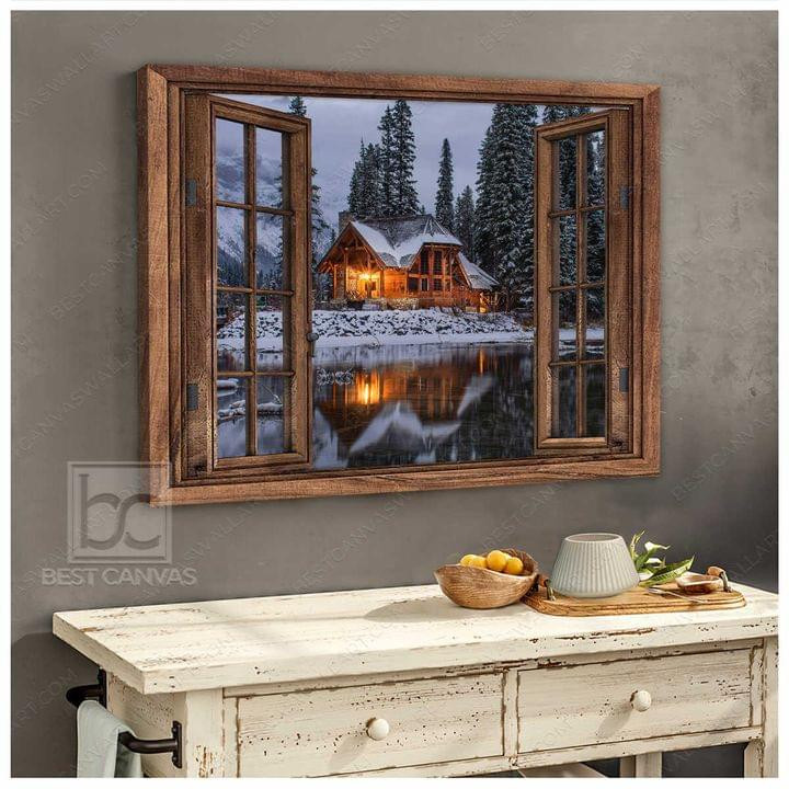 Beautiful Cabin Home In Winter With Lake And Forest Scene Winter By Window Poster Gift For Nature Lovers
