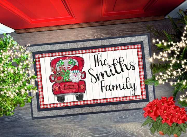 The Family Merry Christmas Santa Reindeer Candy Cane Personalized Doormat Gift With Custom Family Name For Christmas Holiday Lovers