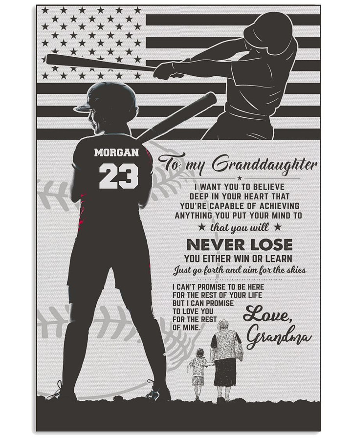 From Grandma To Granddaughter You Will Never Lose Personalized Baseball Player US Flag poster gift with custom name number for Grandma