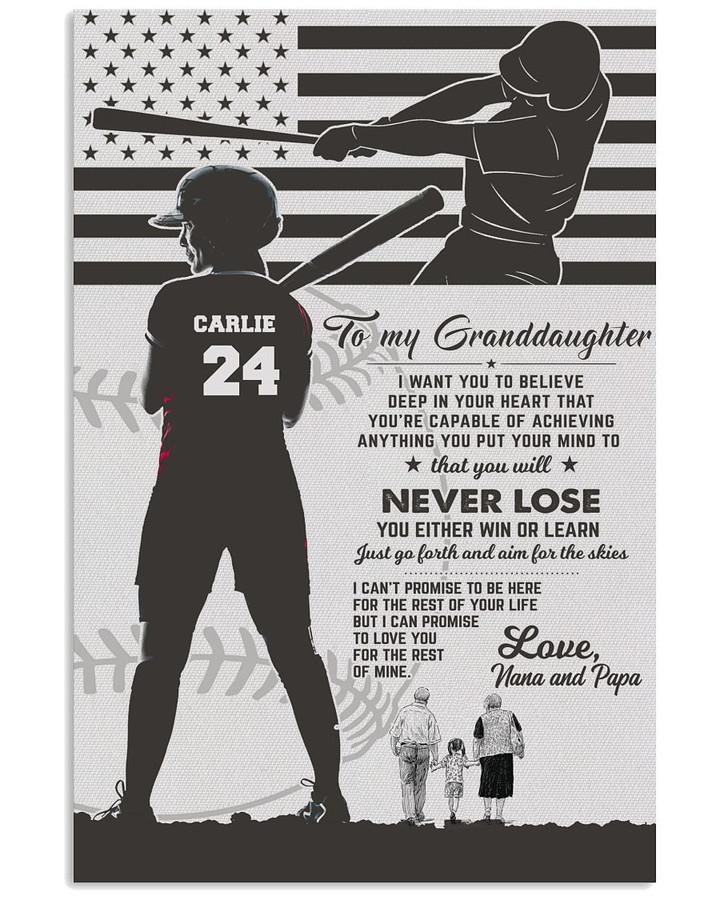 From Nana and Papa To Granddaughter Never Lose Personalized Baseball Hitter US Flag poster gift with custom name for Dads Grandmas