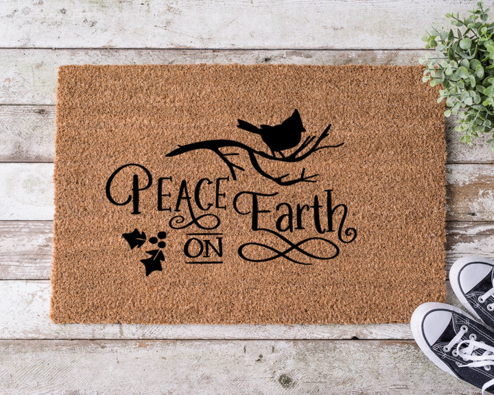 Peace Earth On Christmas Holly Cardinals Doormat Gift For Christmas Holiday Lovers Home Winter Decor