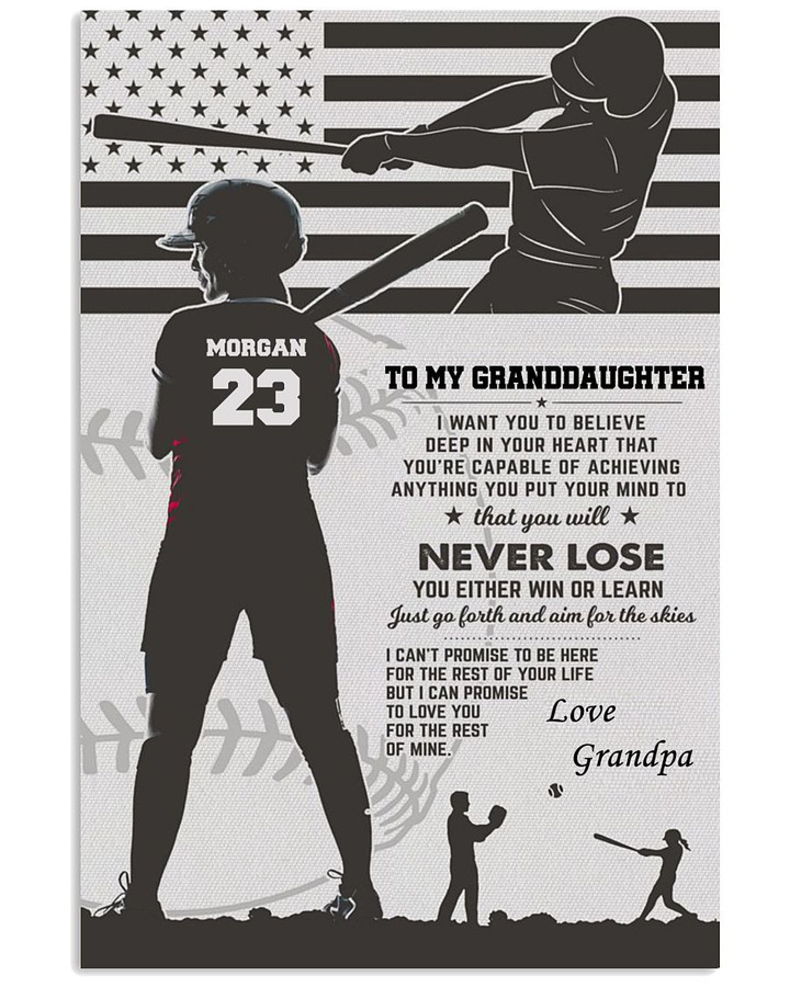 From Grandpa To Granddaughter You Will Never Lose Personalized Baseball Hitter US Flag poster gift with custom name number for Grandpas