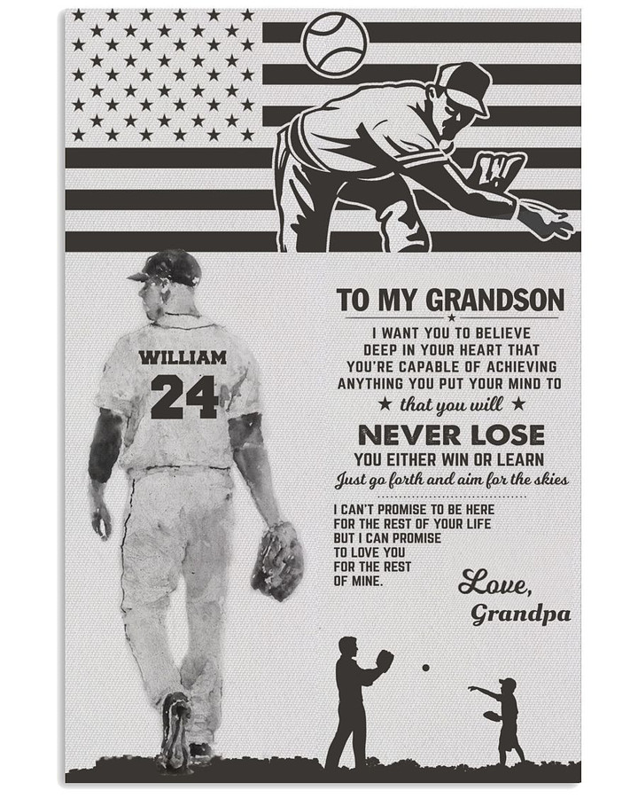 From Grandpa To My GrandSon You Will Never Lose Personalized Baseball Pitcher US Flag poster gift with custom name number for Grandpa