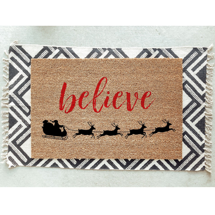 Believe Santa Sleigh Reindeer Welcome Christmas Doormat Gift For Christmas Holiday Lovers Winter Decor
