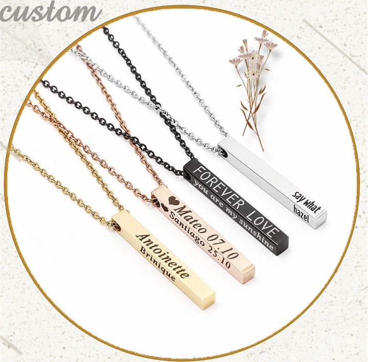 Personalised  Engraving,Customize Name Bar Necklace Square 3D Bar Custom Name Necklace Stainless Steel Pendant Women/Men Wedding Gifts